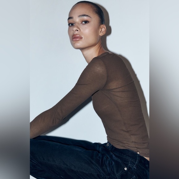 Zara Brown Ribbed Cotton T-Shirt - Picture 2 of 6